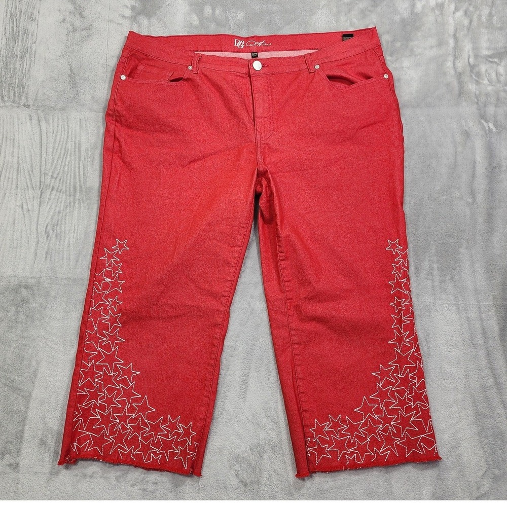 DG2 By Diane Gilman Jeans Womens 22PW Red White High Rise Crop Embroidered Stars